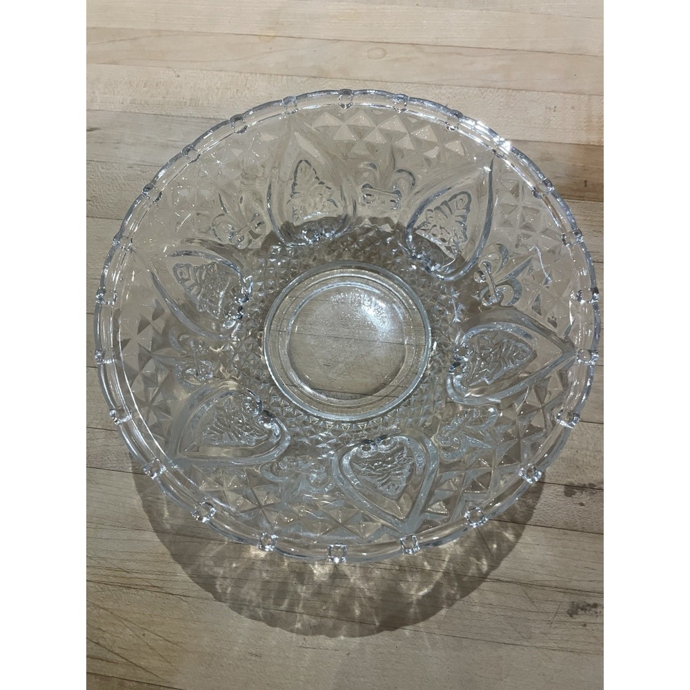 Vtg KIG Malaysia Pressed Glass Bowl Candy Dish Fleur De Lys Flower Heart Diamond